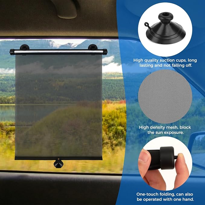 2 Pack Retractable Car Side Window Sun Shade, 15.7" x 17.7" Roller Sunshade with Suction Cups, Blocks Heat UV Rays, Privacy Protection for Baby Kids, Universal Fit for Cars, SUVs, Trucks, Black - Image 5