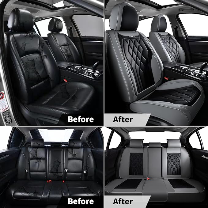 FLORICH Car Seat Covers Full Set, Leather Car Seat Protector, Waterproof Automotive Seat Cover with Anti-Slip Padded, Airbag Compatible, Universal Seat Covers Fit for Most Car - Gray&Black - Image 8