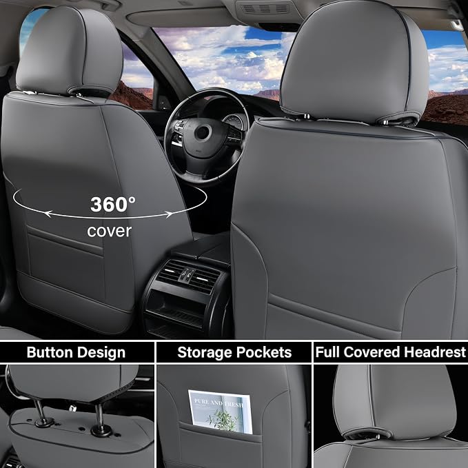 Coverado Car Seat Covers Full Set, Gray Car Seat Cover, Seat Covers for Cars, Waterproof Car Seat Protector, 5 Pieces Nappa Car Seat Cushion, Car Seat Covers Front Seats and Back Fit for Most Cars - Image 2