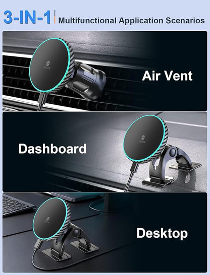 for iPhone Magsafe Car Mount Charger Vent-LED Wireless Car Charger | Magnetic Car Phone Holder HandsFree Car Mount Fast Car Charger for iPhone 17/16/15/14/13/12 Series Carbon Firber - Image 3