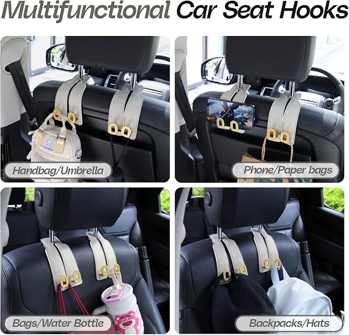 Car Headrest Hooks Universal Car Purse Hook Premium Leather and Alloy Twin Hook Car Seat Back Storage Hanger Hook for Purse Bags Cloth Drink Durable Holder Car Accessories (BH09-White-Gold-4 Pcs) - Image 4