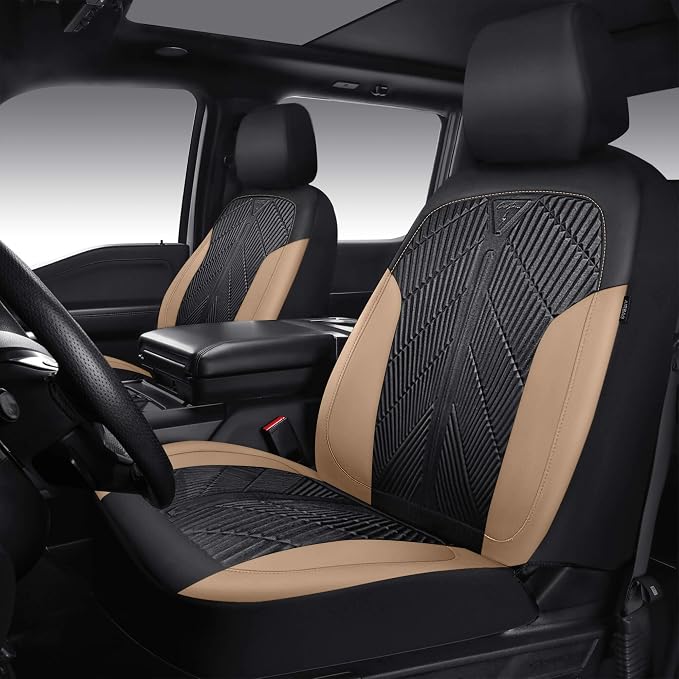 CAR PASS Waterproof Black Beige Car Seat Covers Front Seat Covers Neoprene Wetsuit,All-Weather Non-Slip Durable,Universal Fit for SUV Sedans Trucks Automotive,Airbag Compatible,3D Emboss Black Beige - Image 2