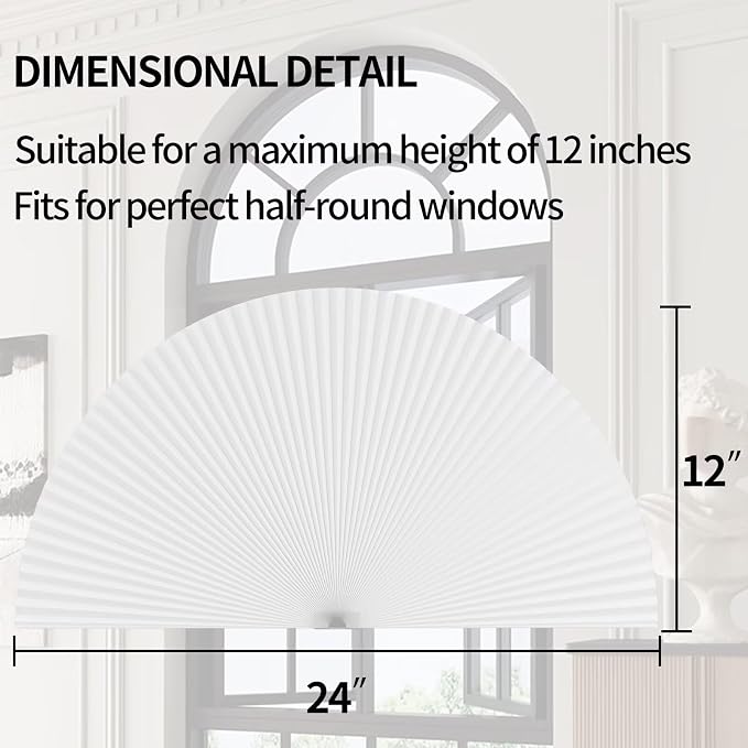 Myshade Arch Window Shades Half Circle Light Filtering Cellular Shades Cordless No Drill Blinds for Windows Half Moon Honeycomb Fabric No Tools Shades Easy Install (1PCS White 24" W X 12" H) - Image 3
