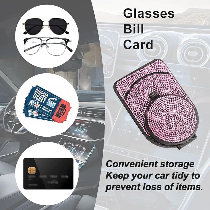 Bling Sunglasses Holder for Car Visor, Genuine Leather Crystal Rhinestone Vehicle Eyeglasses Clip Mount Hanger, Auto Ticket Card Origanizer for Women Girls, Universal Fit (Pink) - Image 4
