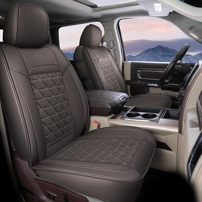 Coverado Car Seat Covers Compatible with Dodge Ram 2002-2026 1500 2500 3500 Pickup Limited Laramie Big Horn Waterproof Leather Seat Protectors Fit for Dodge Ram Crew Cab& Quad Cab(Front, Coffee) by COVERADOAUTO