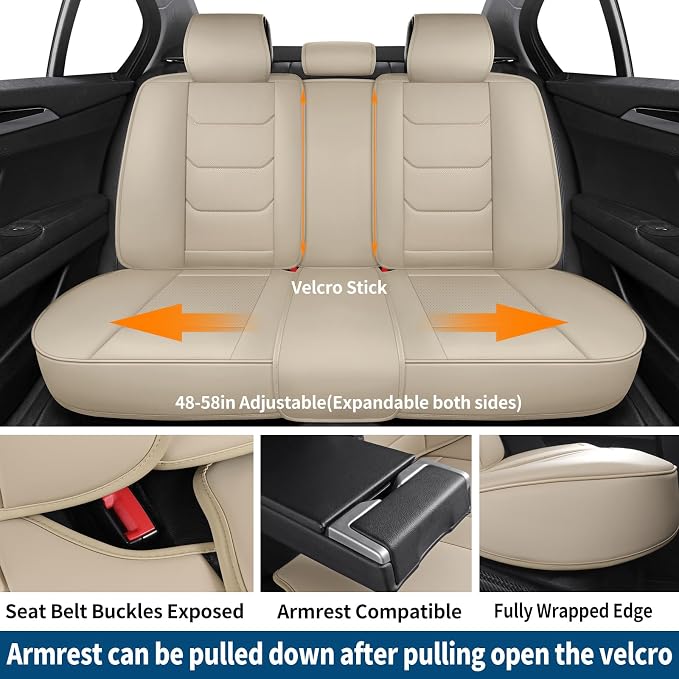 Leather Car Seat Covers Full Set Automotive Seat Protectors | Breathable Waterproof Durable Full Surround & Lumbar Support Design Non-Slip Universal Fit for Most Cars SUV Trucks Van Beige - Image 5