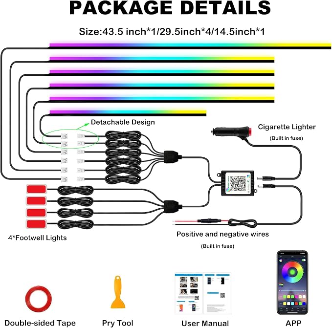Interior Car LED Strip Lights with Wireless APP, Ambient Lighting Kits with Dynamic Dreamcolor Chasing, 16 Million Colors Acrylic LED Lights for Car, Sound Active Function Car Neon Lights (10 in 1) - Image 8