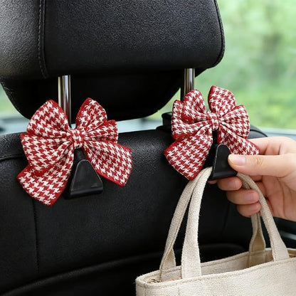 2PCS Car Seat Headrest Hooks, Car Purse Hook, Cute Bow Knot Vehicle Seatback Hanging Storage Organizer, Auto Seatback Decor Organizer Hanger for SUV Truck (Houndstooth/Red) - Image 6