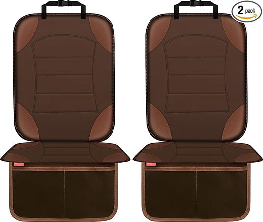 Sinvitron Car Seat Protector for Child Car Seat - Waterproof Non-Slip Leather Mat with 2 Mesh Pockets, Universal Seat Cover for Baby, Pets & Vehicles(2-Pack, Brown) by Sinvitron