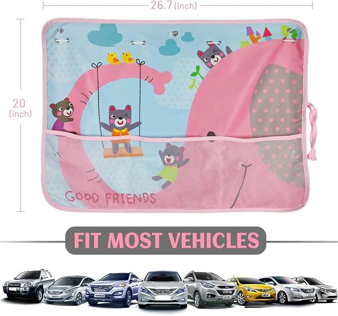 DIZA100 Car Sun Shade for Window Baby, 2 Pack Full Shade Window Shades with Storage Net Pocket, 7 Suction Cups, Cute Elephant for Sun/Heat/UV Rays Protection, Kids - Image 6