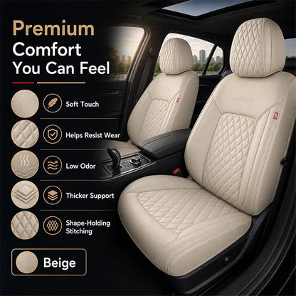 Beige Thick Nappa Leather Automotive Front Car Seat Covers Set of 2 | Univerasal Fit,3D Contoured,Full Coverage,Waterproof,ThickTexture Nappa Leather,for most Suvs Trucks Sedans - Image 8
