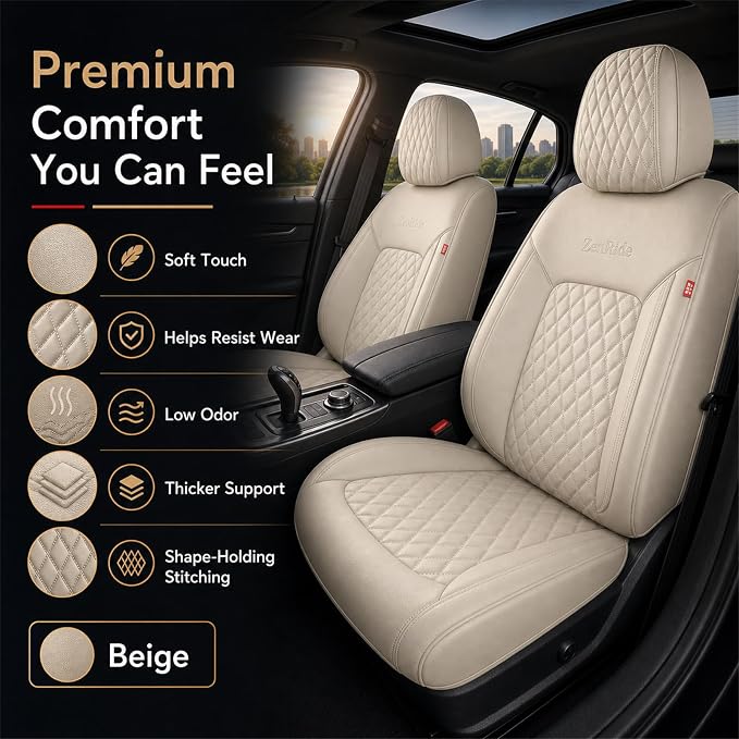 Beige High-Density Nappa Leather Automotive Car Seat Covers Full Set | Univerasal Fit,3D Contoured,Full Coverage,Waterproof,ThickTexture Nappa Leather,for most Suvs Trucks Sedans - Image 2