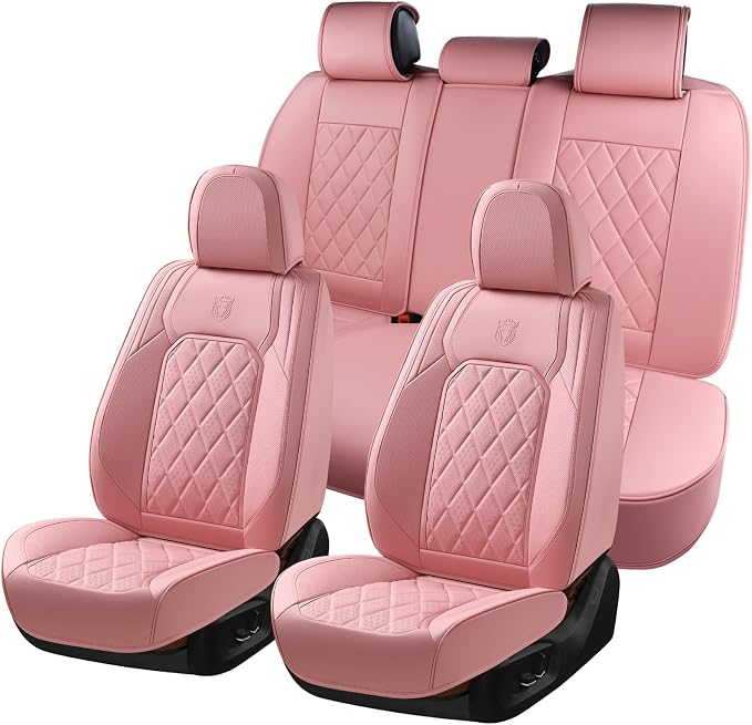 Coverado Car Seat Covers Full Set, Pink Leather Seat Covers for Cars, Universal Waterproof Car Seat Cover, Luxury Front and Back Car Seat Protector, Automotive Seat Covers Fit for Most Cars, Pink by COVERADOAUTO