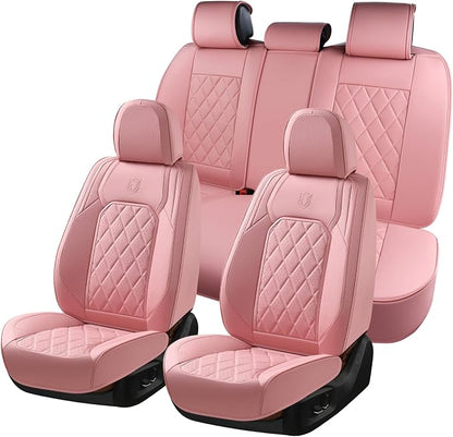 Coverado Car Seat Covers Full Set, Pink Leather Seat Covers for Cars, Universal Waterproof Car Seat Cover, Luxury Front and Back Car Seat Protector, Automotive Seat Covers Fit for Most Cars, Pink by COVERADOAUTO