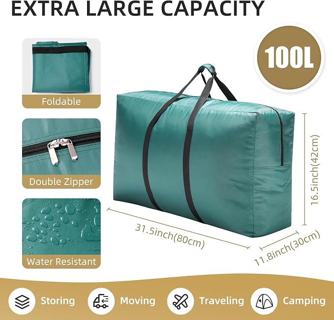Extra Large travel duffel bag with Strong Handles, 100L Waterproof duffel bag, Durable Zippers, Extra Large Storage Totes for Camping, Space Saving and Moving Supplies, Green - Image 2