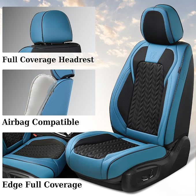 Coverado Car Seat Cover Winter, Front Seat Cover, 2PCS Car Seat Protector, Seat Covers for Cars, Breathable Faux Leather Car Seat Cushion, Car Seat Protector, Blue Car Seat Covers Fit Most Vehicles - Image 2