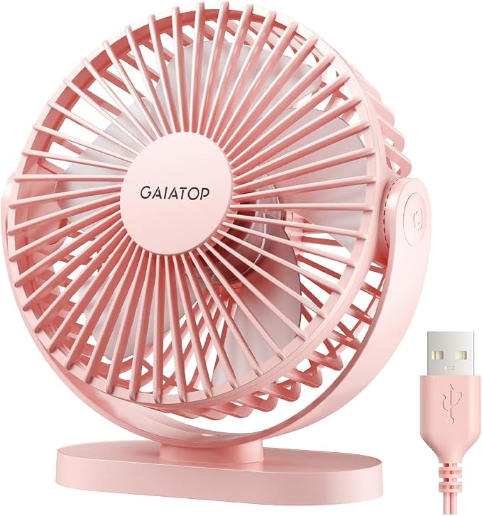 Gaiatop USB Desk Fan, 5.5 Inch Quiet 3 Speeds Small Portable Fan Pink | USB Powered, 5ft Cable, Mini Personal Desktop Table Fans, Powerful Cooling for Home, Office, Travel, Car, Indoor, Outdoor by GAIATOP