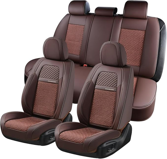 Coverado Car Seat Covers Full Set, 5 Seats Car Seat Protector, Universal Breathable Car Seat Covers Front Seats Back Seats, Car Seat Cushion Fit for Most Vehicles Brown by COVERADOAUTO