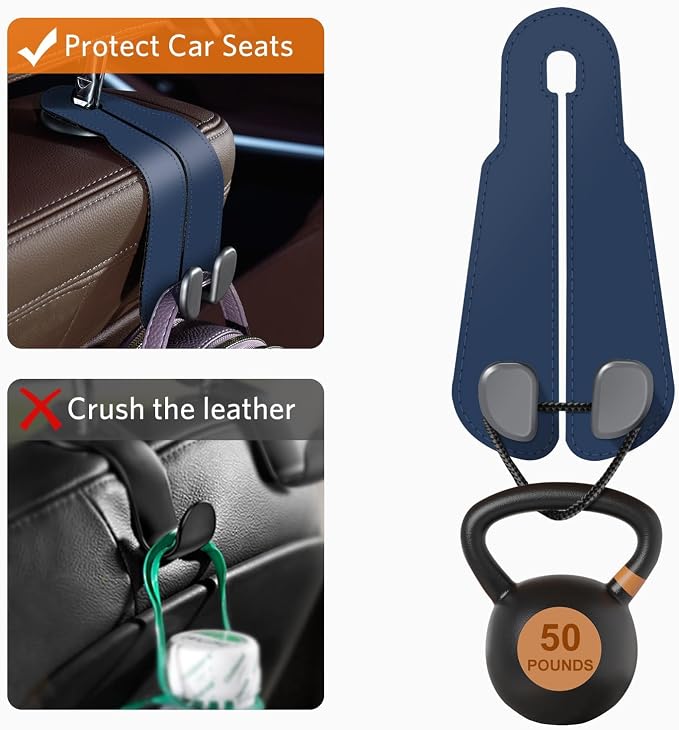CoBak Purse Hook for Car - Universal Premium Stitched Leather and Aluminum-Magnesium Alloy Double Car Seat Back Storage Hook for Purses, Handbags, Bags (2 Pack),Indigo Blue - Image 5