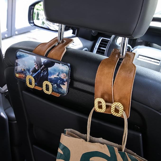 Car Headrest Hooks Universal Car Purse Hook Premium Leather and Alloy Twin Hook Car Seat Back Storage Hanger Hook for Purse Bags Cloth Drink Durable Holder Car Accessories (BH09-Brown-Gold) - Image 7