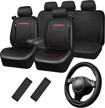 CAR PASS Leather Car Seat Cover Full Set with Steering Wheel Cover and 2PCS Seat Belt Shoulder Pads,for Trucks and SUV with Built-in Seatbelts and Front Seat Side Armrests(Combo Set, Black and Red) by CARPASS