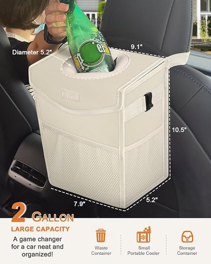 Pritent Car Trash Can with Lid Leakproof Car Garbage Bag Vehicle Trash Bin | Hanging Automotive Garbage Can,Multipurpose Car Accessories for Women Men Interior Car Storage Organizer(2 Gal,Ivory) - Image 2