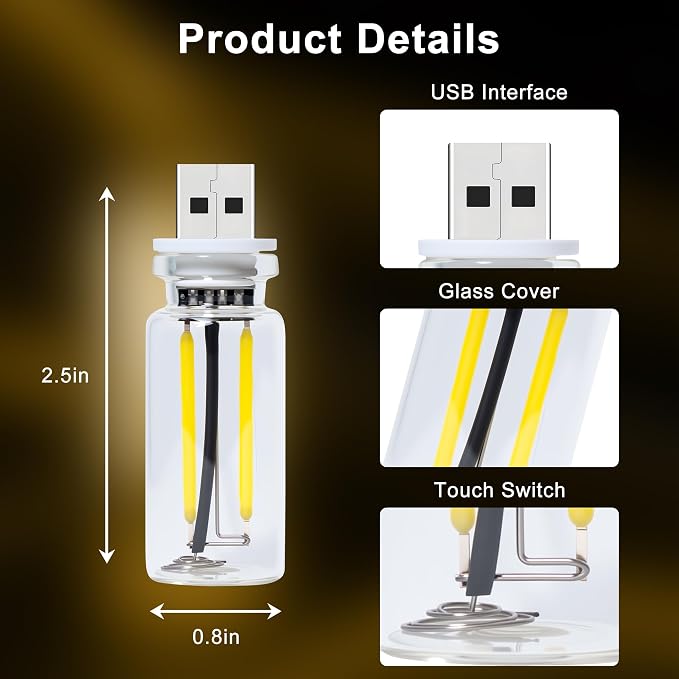 2 Packs USB Light for Car, Touch Dimmable Car Interior Ambient Lights - Portable Mini USB LED Light Bulb, Retro Glass Bottle Night Light for Vehicle, Bedroom, Hallway, Camping(Yellow) - Image 5