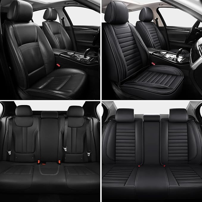 MINGBRON Black Car Seat Cover with Lumbar Support, Car Seat Protector Waterproof, Nappa Leather Car Seat Cushion, Car Seat Covers Front Seats and Back Fit for Most Cars - Image 2