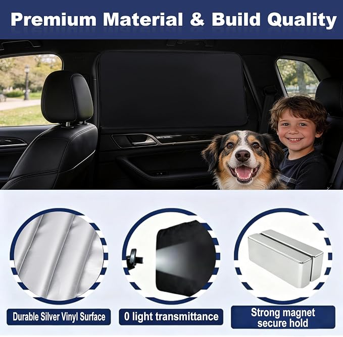 XCBYT Magnetic Car Window Shades for Back Windows, 100% Blackout Privacy | 2-Pack Heat & UV protection for camping, baby sleep, work break, road trip. Fits steel frames only, measure size before buy - Image 7