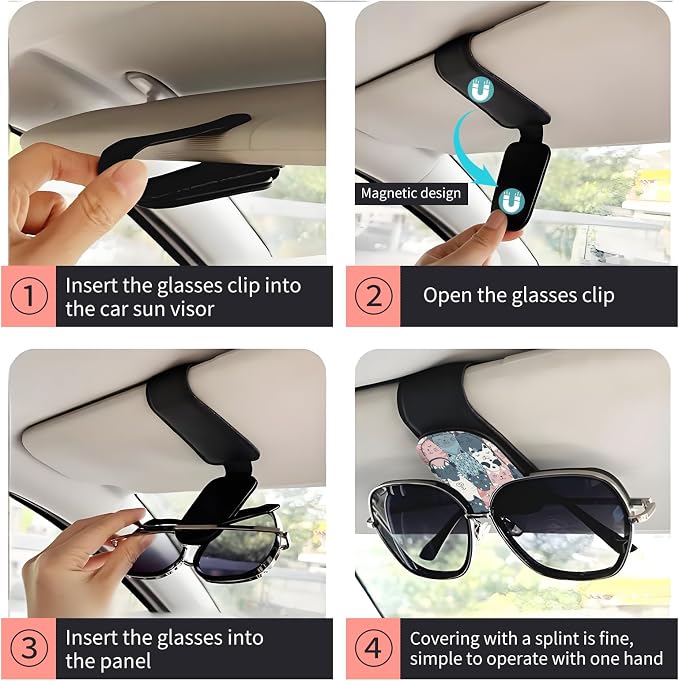 Sunglasses Holder for Car Visor, PU Leather Glasses Clip Organizer, Cute Magnetic Eyeglass Holder for Vehicle Sun Visor, Car Interior Accessory for Women & Men Cute Cat Faces - Image 3