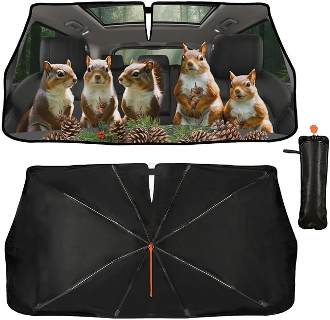 Funny Animal Squirrel Car Windshield Sun Shade Umbrella Bendable Handle Foldable Squirrel Sunshade for Car Windshield Block UV Rays Keep Vehicle Cool for Most Sedans SUV Trucks Cars 57"x30" by DOPINDU