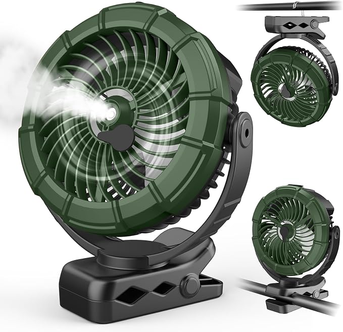 Ausic Portable Misting Golf Cart Fan, Clip on Fans, Max 45H Runtime, 100ml Camping Stroller Fan with Ligth, 360° Rotate Cooling Spray, Outdoor Rechargeable Battery Fans for Travel/Home/Beach by Ausic