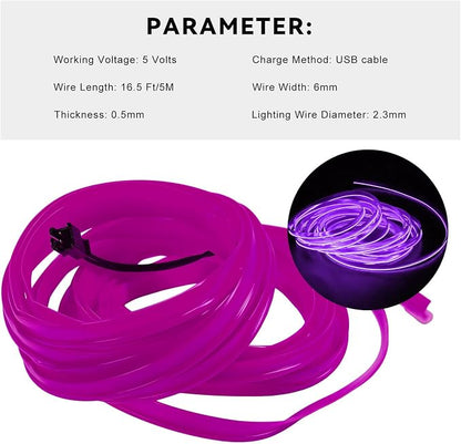 EL Wire Interior Car LED Strip Lights, 16.5FT 5V EL Wire Strip Neon Glowing Strobing Light w/ 5mm Sewing Edge, USB Electroluminescent Ambient Lighting Kit for Car Inside Decoration (Purple) - Image 2