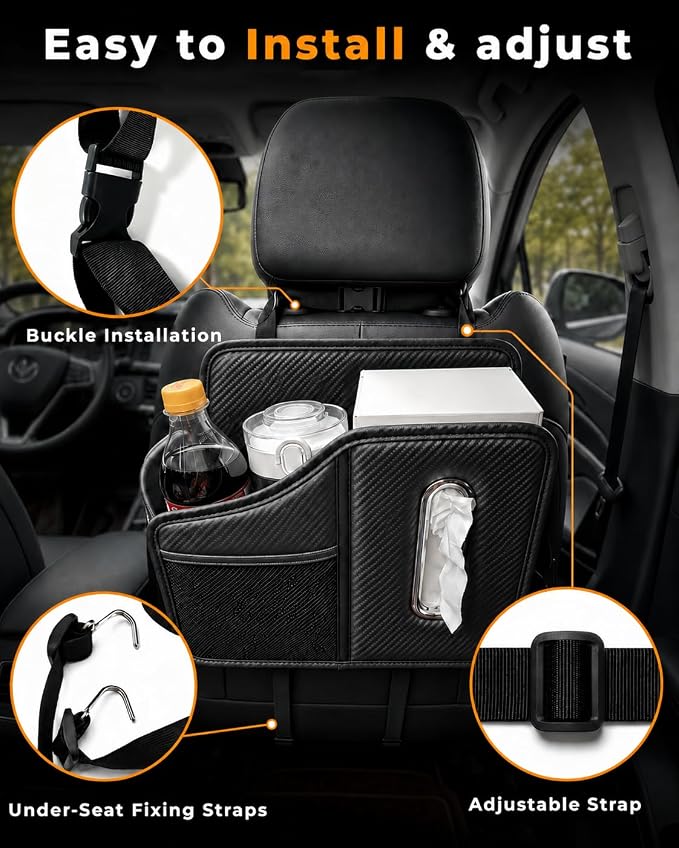 Car Tissue Holder, Leather Back Seat Organizer with Cup Holder & 2 Hooks | | Fits 100-160 Count Tissue Boxes, Keeps Drinks & Small Items Within Reach,3 Storage Pockets, Secure Headrest Mount - Image 8