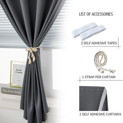 Blackout Curtains with Self Adhesive Tape No Rod No Drill Easy Install Window Cover for Bedroom Kitchen Dorm 34" W X 59" L Grey 1 Panel - Image 2