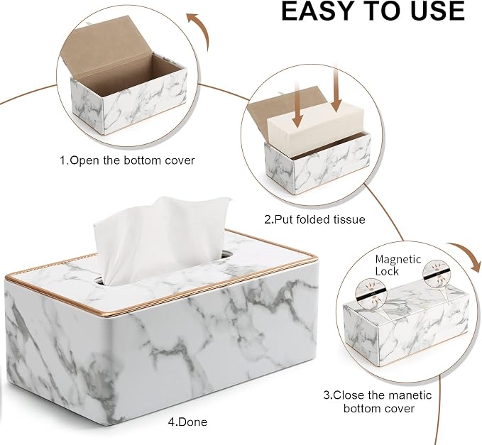 Tissue Box Cover Rectangular, PU Leather Tissue Box Holder for Kleenex, Napkin, Rectangle Tissue Box Covers, Tissue Holder for Bathroom Car Home Decorative 9.84"X5.23"X3.77" - Phnom Penh Marble - Image 6