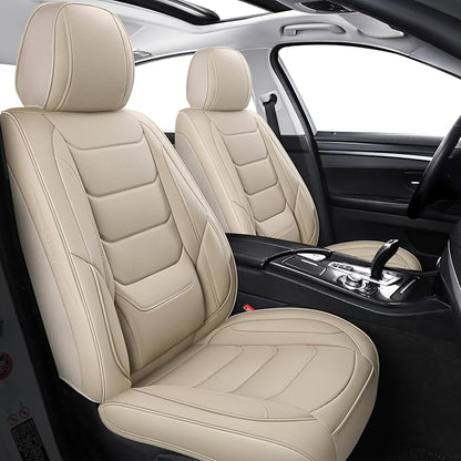 Leather Front Car Seat Covers Automotive Seat Protectors | Breathable，Waterproof，Durable，Full Surround & Lumbar Support Design，Non-Slip，Universal Fit for Most Cars SUV Trucks Van，Beige - Image 7