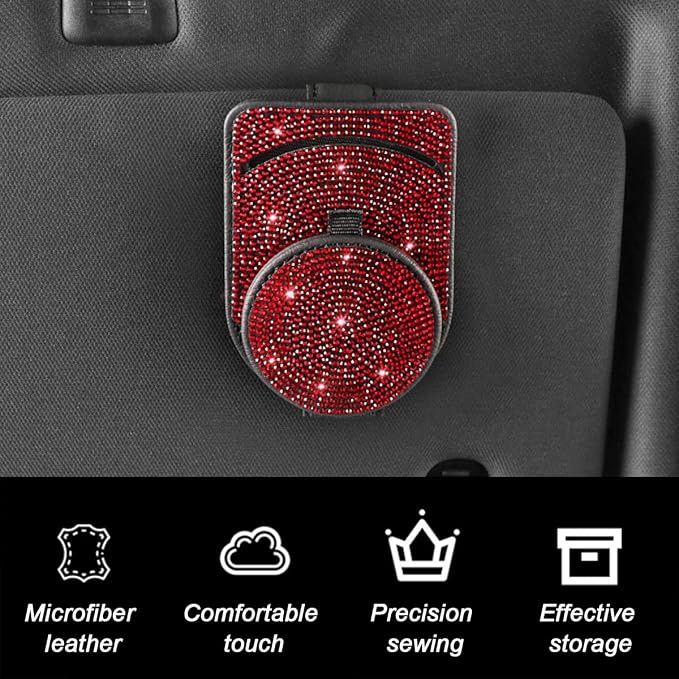 Bling Sunglasses Holder for Car Visor, Genuine Leather Crystal Rhinestone Vehicle Eyeglasses Clip Mount Hanger, Auto Ticket Card Origanizer for Women Girls, Universal Fit (Red) - Image 6