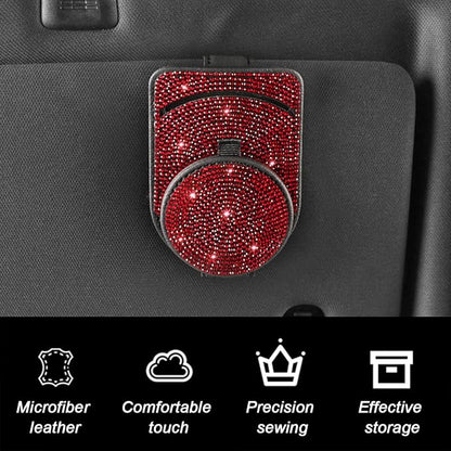 Bling Sunglasses Holder for Car Visor, Genuine Leather Crystal Rhinestone Vehicle Eyeglasses Clip Mount Hanger, Auto Ticket Card Origanizer for Women Girls, Universal Fit (Red) - Image 6