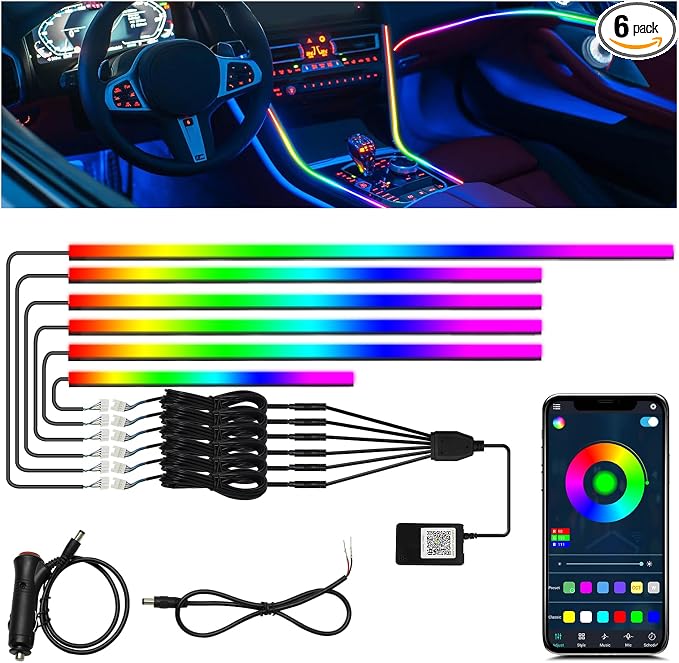 Interior Car LED Strip Lights, Acrylic LED Lights for Car with Wireless APP Dynamic Dreamcolor Chasing 6 in 1 Ambient Lighting Kits, 175 inches 593 LED Sound Active Function Neon Lights by AMKI