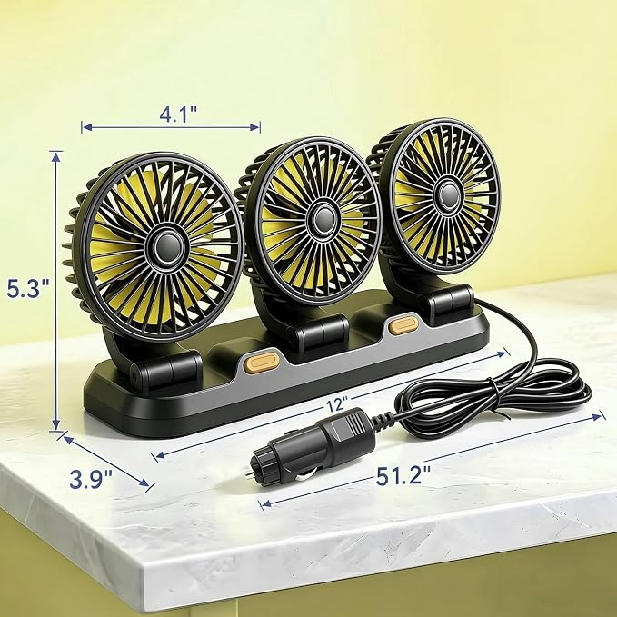Portable 3-Head Car Cooling Fan, 12V Cigarette Lighter Plug Dashboard Fan for Vehicles Cars Trucks SUV, 360° Adjustable Heads Strong Airflow (No Battery) - Image 7