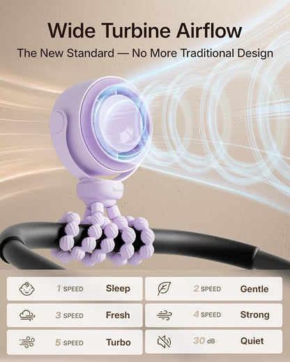 SWEETFULL Portable Stroller Fan, Pinch-Proof Baby Fan - Purple | Wide Turbine Airflow; Safe Design; LED Display; 5-Speed; 30dB Quiet; USB-C Rechargeable; Mini Clip On Fan for Car Seat & Bed - Image 3