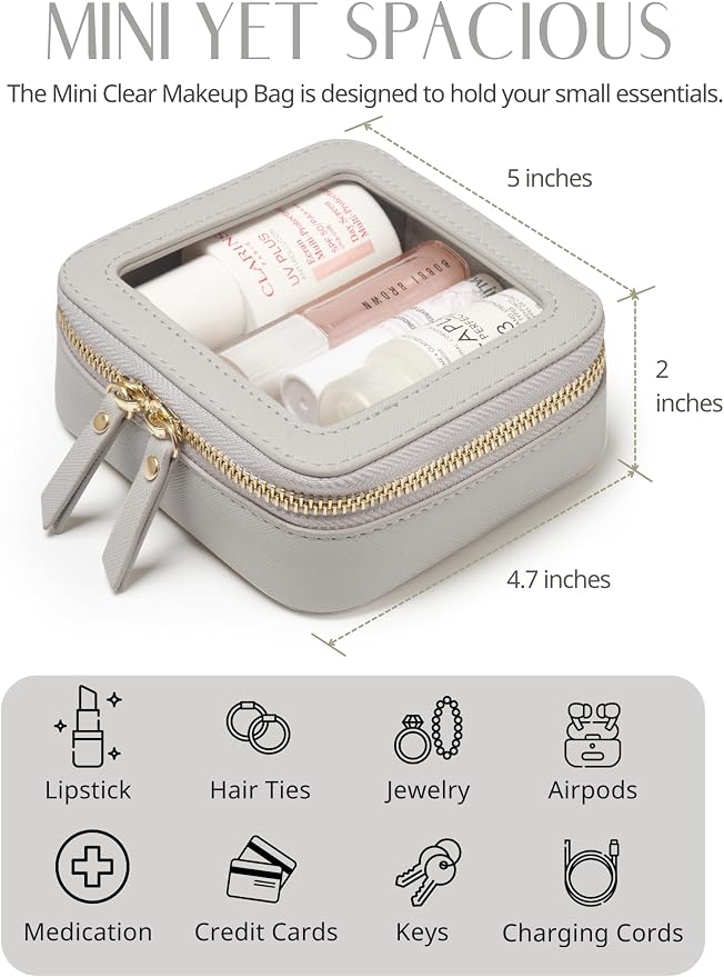 Small Cosmetic Bag for Purse Mini Makeup Bag Cute Clear Make Up Pouch for Travel Tiny Leather White Make Up Organizer Case for Backpack Toiletry Bag Waterproof Square Pouch with Zipper - Image 4