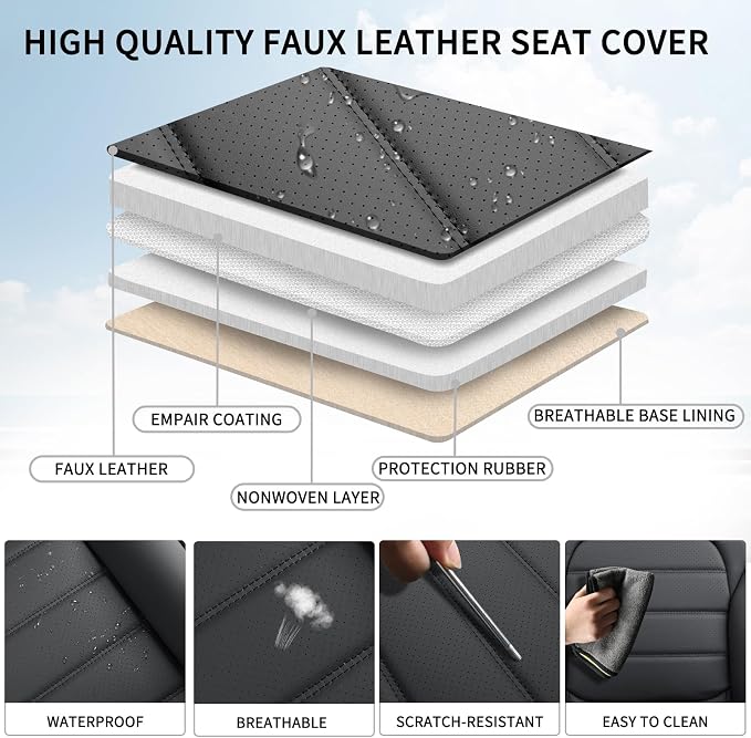 Car Seat Covers Full Set, 5Pcs Universal Leather Seat Covers for Cars, Waterproof Front and Rear Seat Covers Breathable Automotive Vehicle Seat Cover for Most Trucks, SUVs, Sedans, Black - Image 7