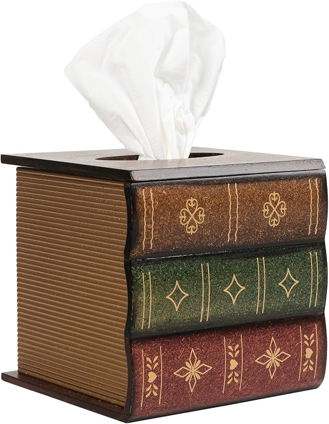 Crafted Classical Retro Wooden Antique Book Tissue Box Cover Square Tissue Holder Dispenser Paper Cover Case Napkin Holder Home Decor for Bathroom Living Room Office car Kitchen (Brown) by VERGOODR