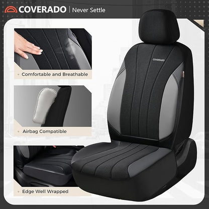 Coverado Seat Covers for Car 2 Seats, Leather Car Seat Covers Fullset, Breathable Mesh Front and Rear Protectors, Grey Luxury Automotive Covers, Universal Fit for SUV, Truck, Sedan - Image 2