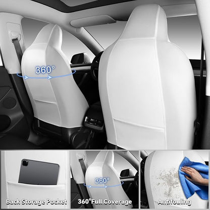 CAR PASS Nappa Leather High Back Front Seat Covers, Tesla Model 3 Model Y Breathable Faux Leather Front Bucket Seat Covers, Anti-Slip Airbag Compatible Universal Fit for Sedan SUV Van Truck, White - Image 2