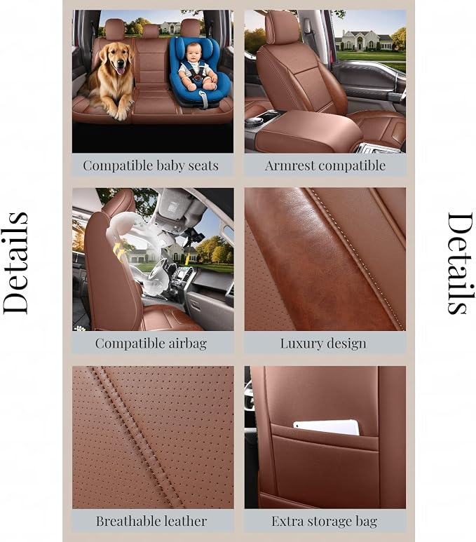 Red Rain for Ford F150 Seat Covers SuperCrew/CrewCab 2015-2025 XL XLT STX | Waterproof Leather Truck Seat Cover Full Set with Airbag Compatible Brown and Orange Auto Seat Protector (F150-Brown+Orange) - Image 5