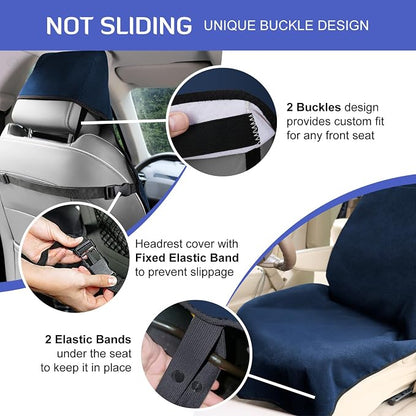INFANZIA 2Pcs Waterproof Sweat Towel Car Seat Cover Navy Blue, Non-Slip | Premium Bucket Carseat Protector for Trucks SUV Jeep, Universal for Post Gym Workout, Running, Swimming, Beach - Image 3