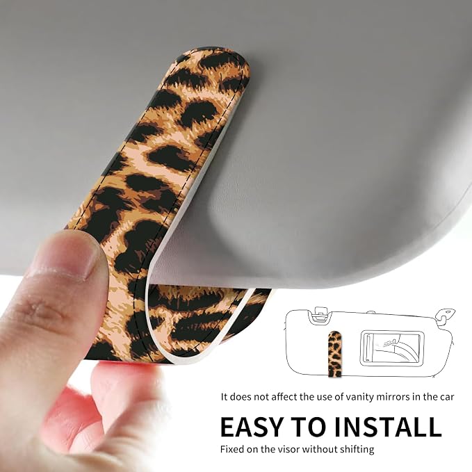 Leather Magnetic Sunglass Holder for Car Sun Visor, Cute Eyeglass Ticket Card Hanger Clip, Universal Auto Interior Accessories for SUV Pickup Truck Classic Leopard - Image 5